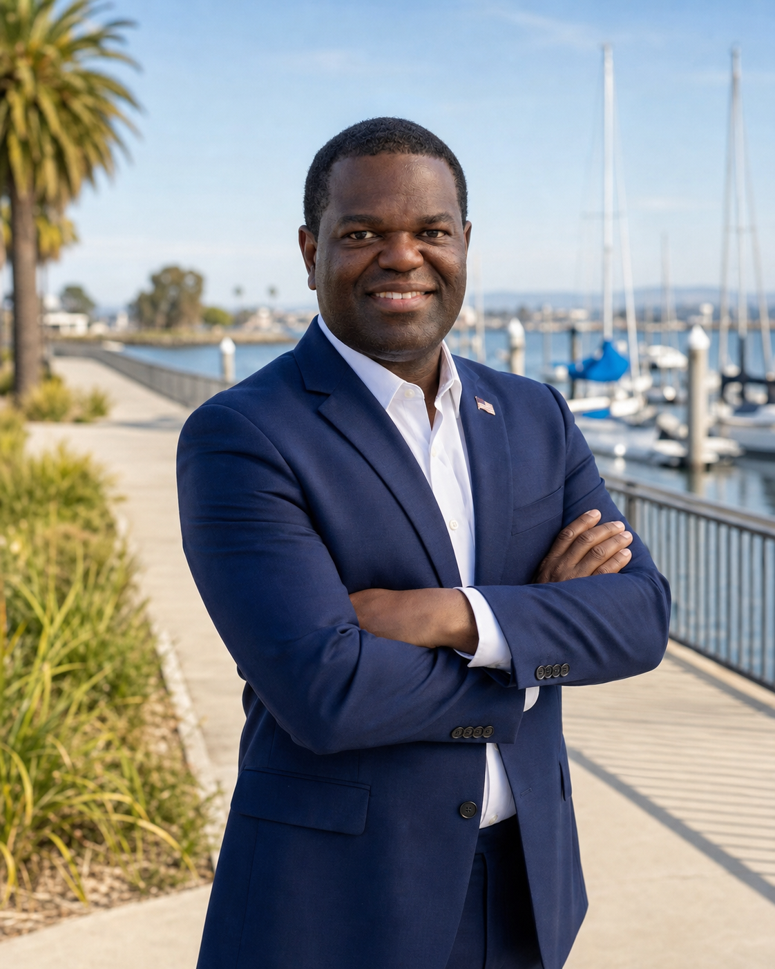 Alvin Nelson, candidate for Pittsburg City Council, with the Pittsburg waterfront in the background